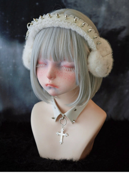 White Handmade Studs and Pins Ruffle Hem Heart Plush Earmuffs