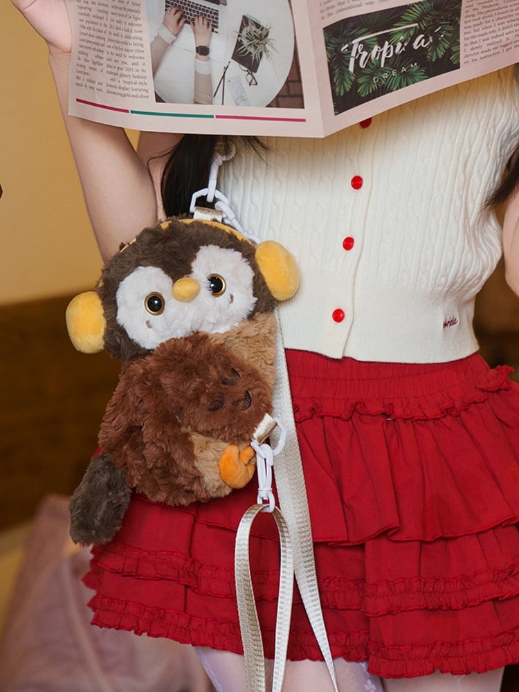 Brown Cute Plush Owl Backpack/Crossbody Bag+ Keychain