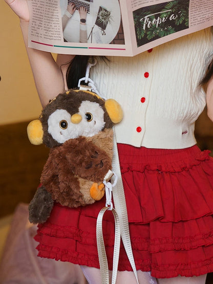 Brown Cute Plush Owl Backpack/Crossbody Bag+ Keychain