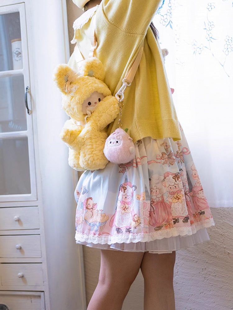 Yellow Rabbit-shaped Bowknot Plush Backpack + 3 Options Keychain Middle/Large Size