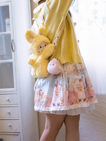 Yellow Rabbit-shaped Bowknot Plush Backpack + 3 Options Keychain Middle/Large Size