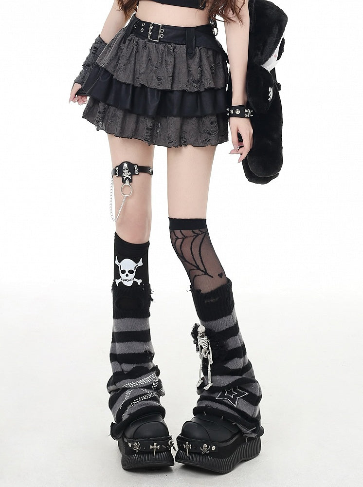 Gray Distressed Holes Lined Tiered Skirt