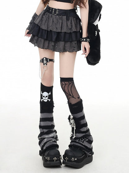 Gray Distressed Holes Lined Tiered Skirt