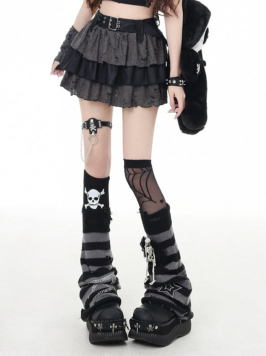 Gray Distressed Holes Lined Tiered Skirt