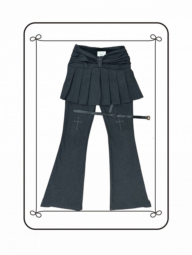 Dark Gray Flared Jeans Regular/Long Version with Pleated Skirt and Cross Motif