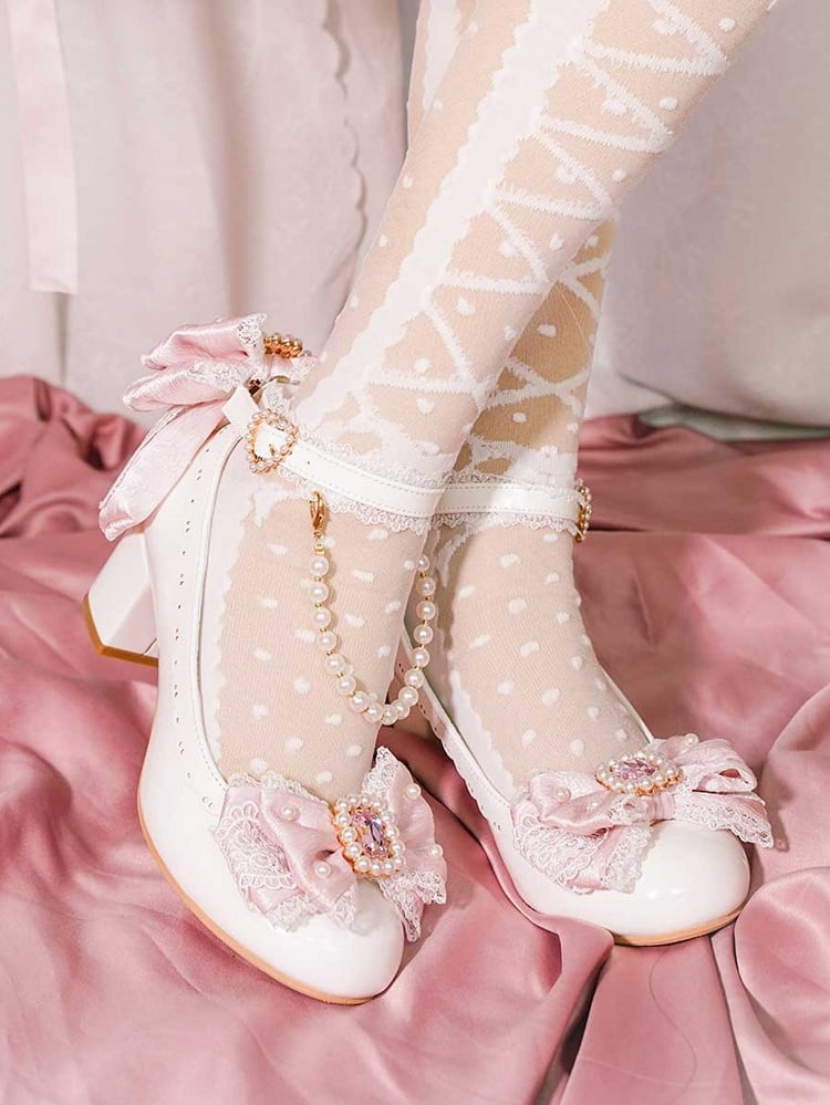 White&Pink Beaded And Rhinestone Decorated Bow at Top Lace Trim Mary Janes With Detachable Beaded Chain