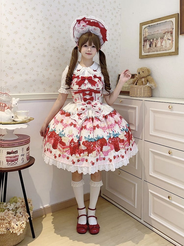 Strawberry and Dessert Print White Sweet Lolita Dress