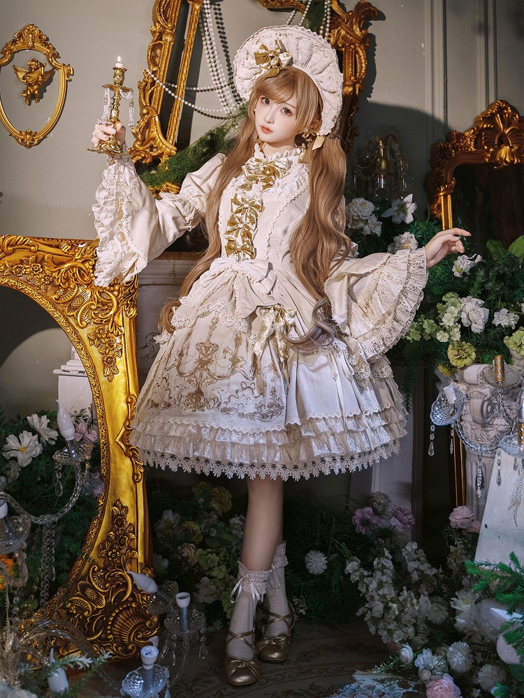 Candle and Candlestick Embroidery Cream Bell Sleeves Velvet Dress Lolita OP / Set