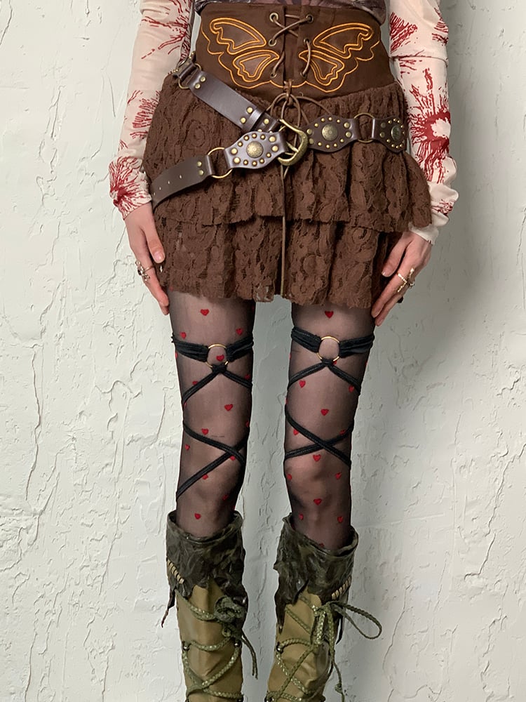 Black Y2K Red Heart Pattern Tights