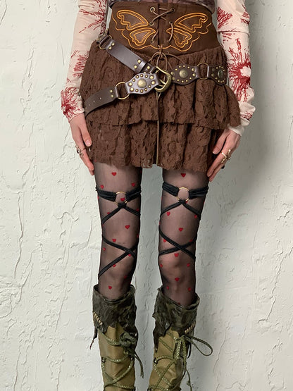 Black Y2K Red Heart Pattern Tights