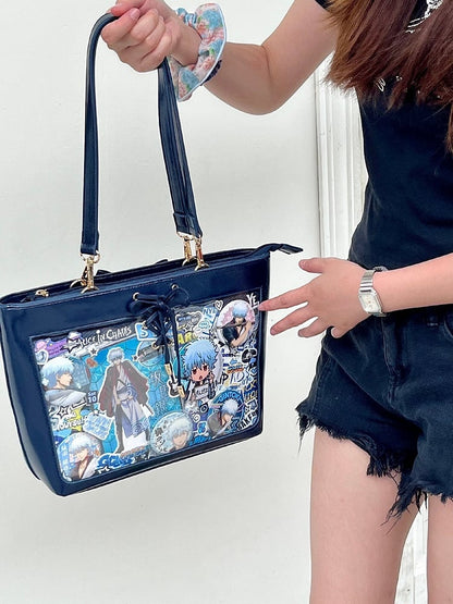 Dark Blue Bow Accents Lace-up Detail Ita Shoulder Bag with Free Charm