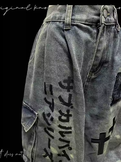 Wasteland Punk Light Blue Cross Appliques Distressed Wide-leg Cargo Jeans