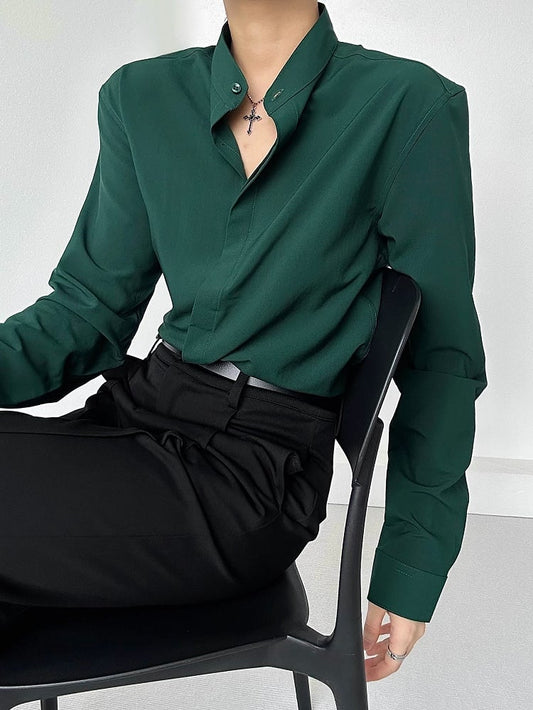 Ouji Lolita Green Unisex Long Sleeve Mandarin Collar Shirt with Button-Down Front