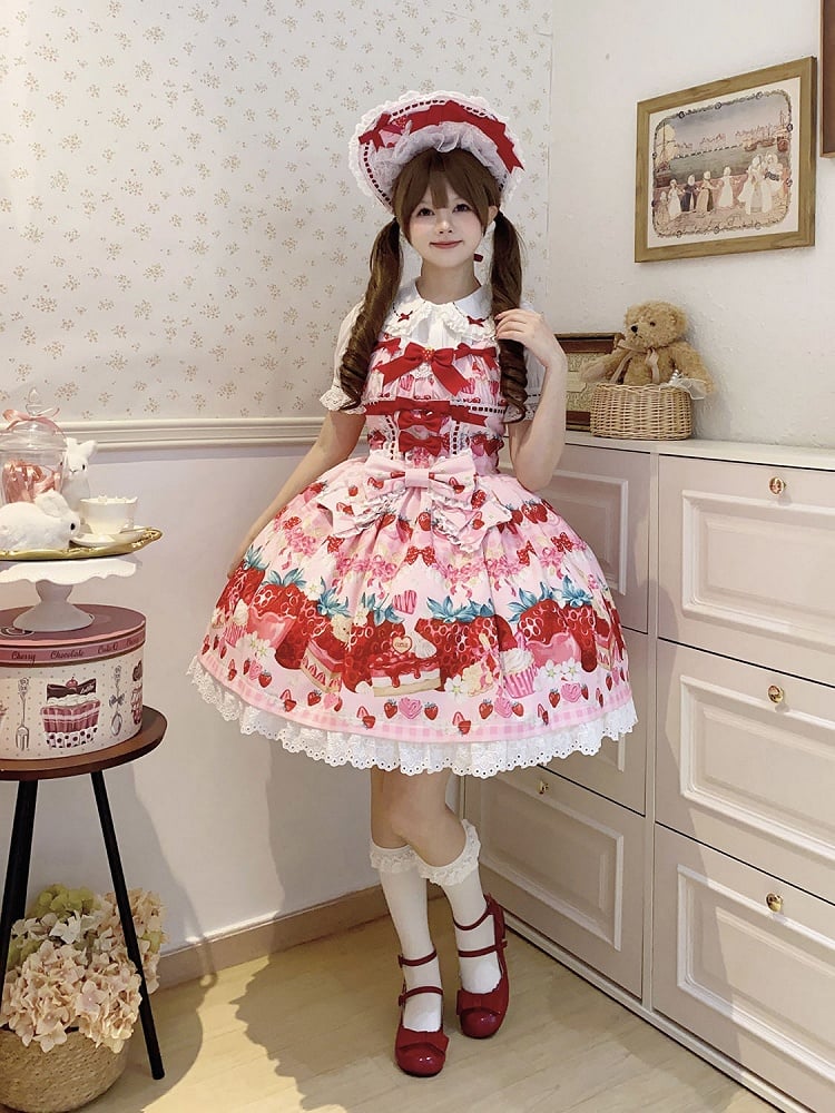 Strawberry and Dessert Print Pink Sweet Lolita Dress