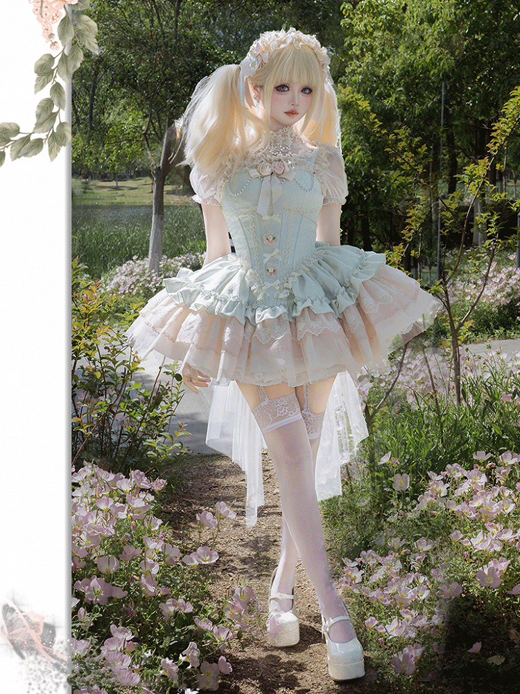 Green Boned Basque Waist Jacquard Fabric Hime Lolita Balletcore Puffy Dress JSK with Big Bow Train