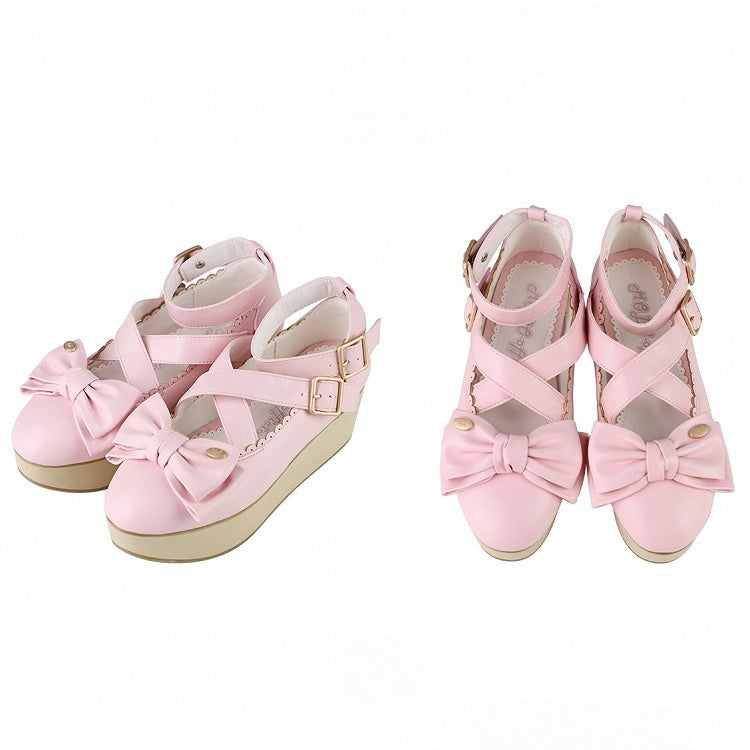 Sweet Lolita Pink Platforms with PU Leather, Wood Pattern Sole & Crisscross Details