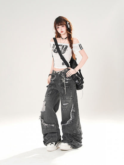 Red/Black Number Print Off-the-shoulder Neckline Slim-fitting T-shirt