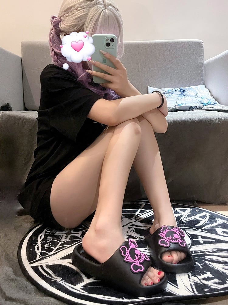 Black and Pink Gothic Skeleton Applique Summer Slippers