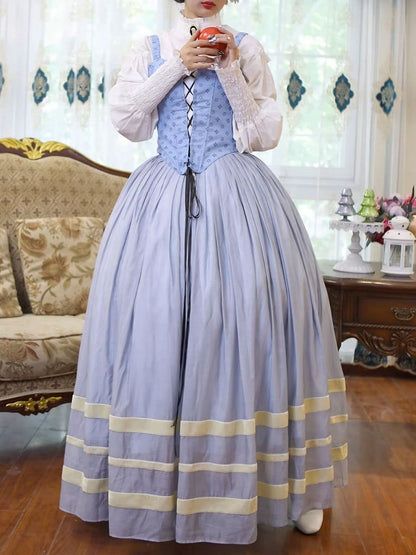 Bavarian Landhaus Historical Costume - Light Blue Boned Corset + Skirt + White Shirt + White Lace Bonnet