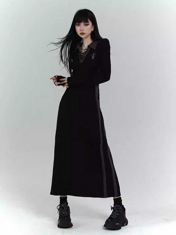 Gothic Black Dress with Lace-up Detail at Front