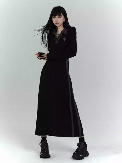 Gothic Black Dress with Lace-up Detail at Front