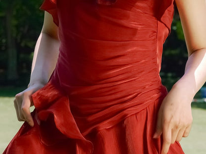 Red Vintage Flutter Sleeves Summer Dress