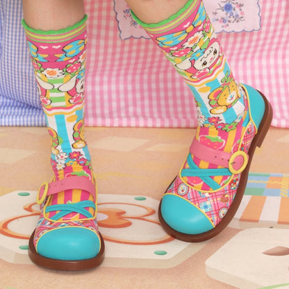 Blue and Pink Round Toe PU Shoes