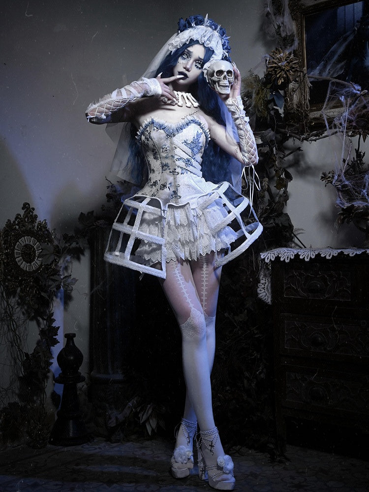 White Victorian Goth Lace Birdcage + Tiered Lace Shorts
