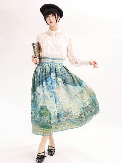 Gare Saint-Lazare Oil Painting Print Green High Waist Skirt Long/Short Version