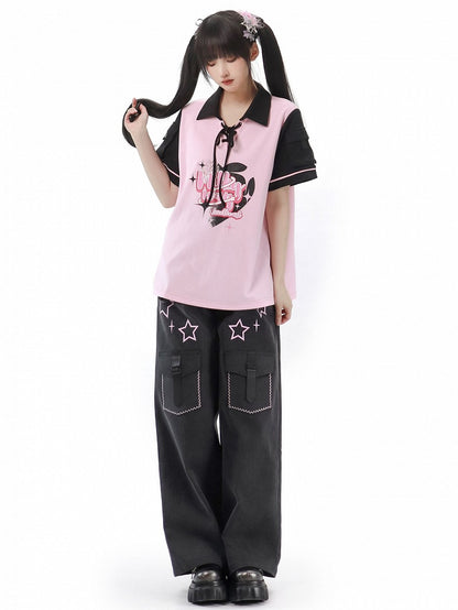 Pink and Black Lace-up Detail Graphic T-shirt