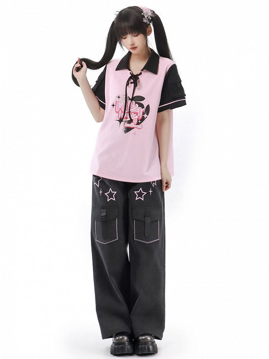 Pink and Black Lace-up Detail Graphic T-shirt