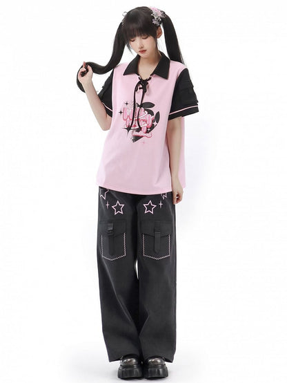 Stars Print Dark Gray Jeans with Straps