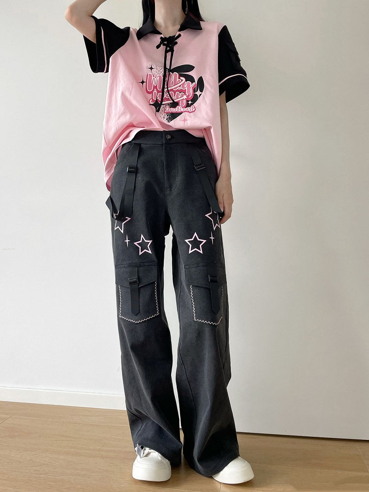 Stars Print Dark Gray Jeans with Straps