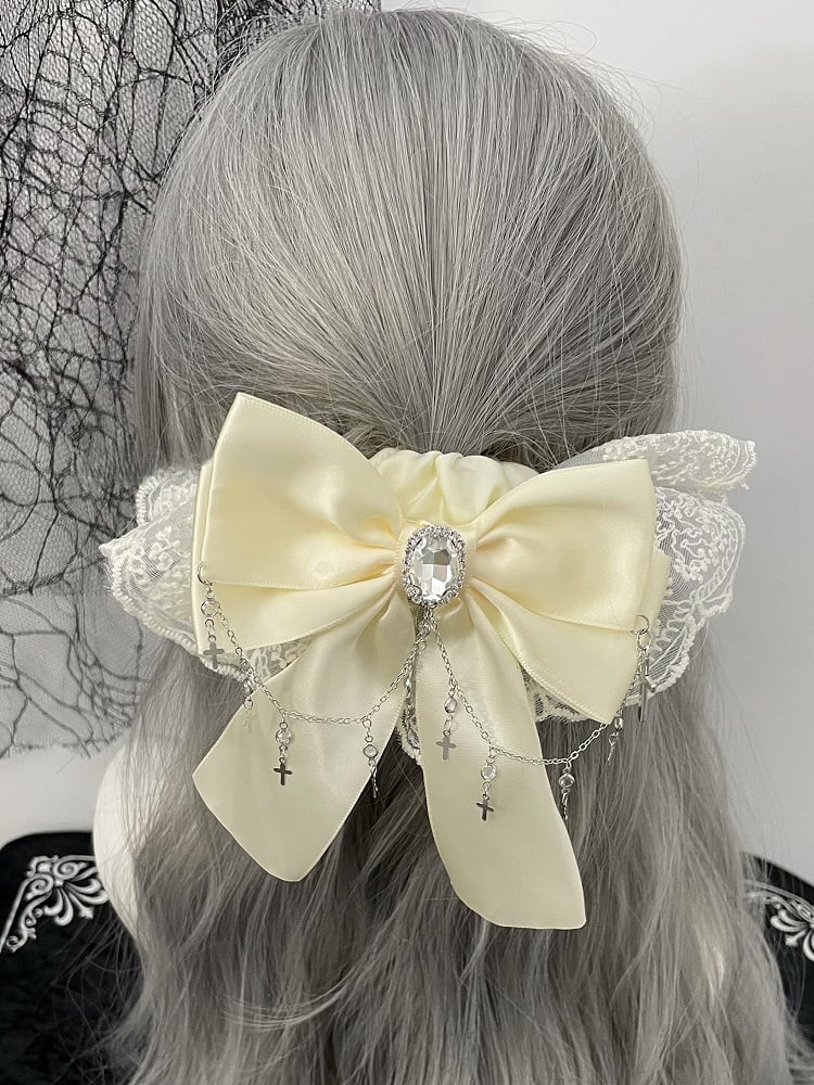 Black/Beige Cross Charm Rhinestone Decorated Lace Trim Bowknot Hair Tie