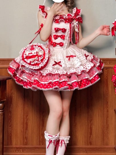 White and Red Strawberry Cake Embroidery Round Bag