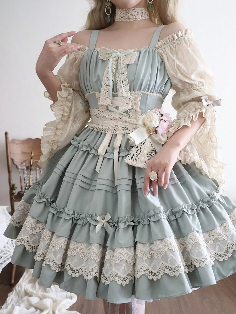 Light Green Pleated and Ruffle Trim Skirt Summer Lolita Jumper Skirt