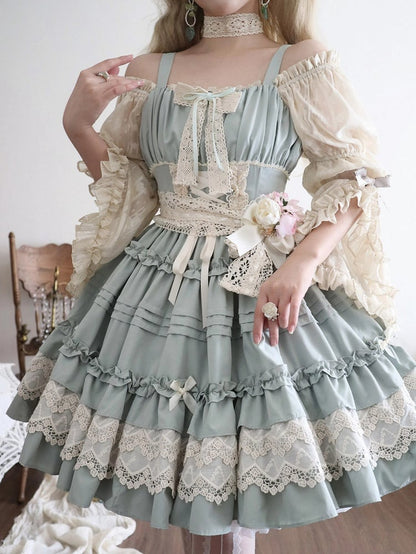 Light Green Pleated and Ruffle Trim Skirt Summer Lolita Jumper Skirt