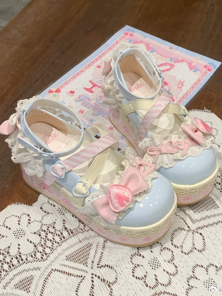Sea Salt Strawberry Cake Blue Sweet Lolita Bow Accents Platforms Mary Jane Shoes