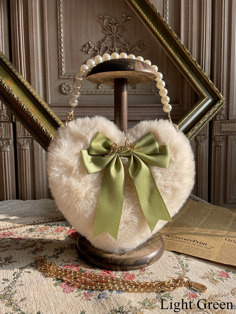 Lolita Plush Heart-Shaped Hand Bag with Bowknot and Bead Handle – 11 Color Options