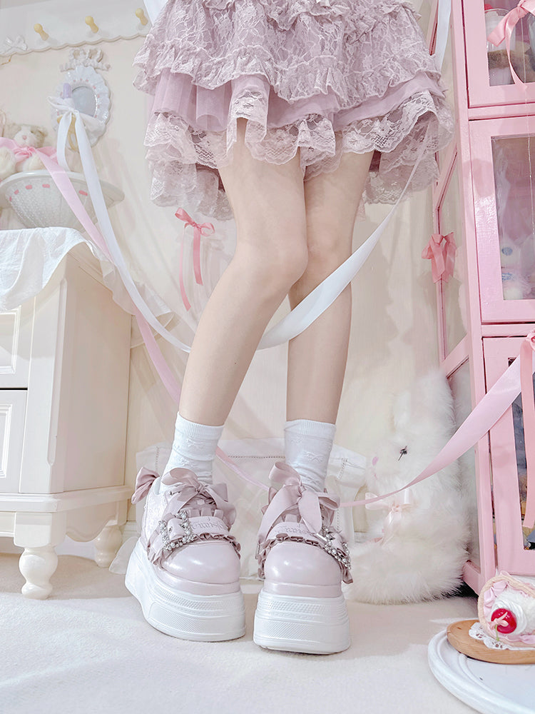 Pink Bow Accents Beaded Buckle Design Jirai Kei Platforms Shoes