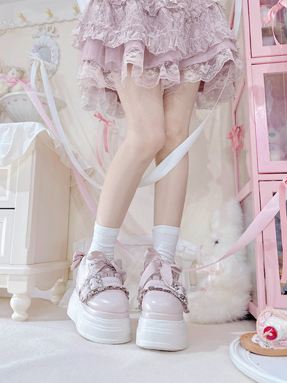 Pink Bow Accents Beaded Buckle Design Jirai Kei Platforms Shoes