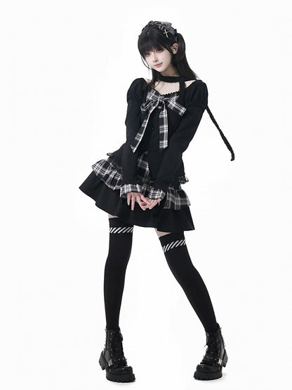 Subculture Fashion Black Faux Two-Piece Top with Plaid Bowknot and Lace Trim