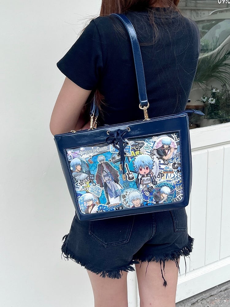 Dark Blue Bow Accents Lace-up Detail Ita Shoulder Bag with Free Charm