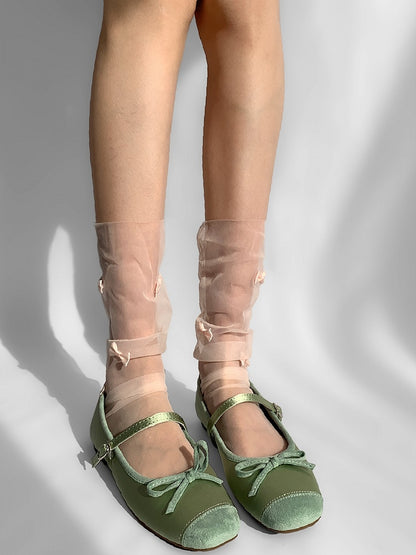 White/Pink/Gray/Beige Bowknot Details Sheer Loose Calf Socks