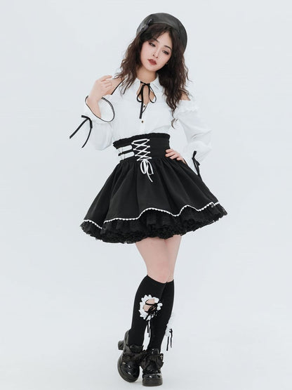 Jirai Kei Buckles and Lace-up High Waist Black Skirt US Size