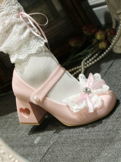 Heart-shaped Hollowed Heel Pink Elegant Mary Janes with Lace Bowknot Clips
