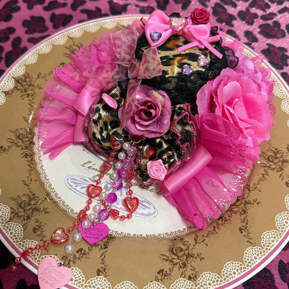 Black&Pink Rhinestone Decorated Floral Design Beaded Chain Leopard Pattern Lace Trim Mini Hat