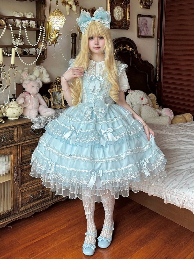 Blue Bow Accents Hanayome Princess Dress Layered Tulle Skirt Lolita JSK