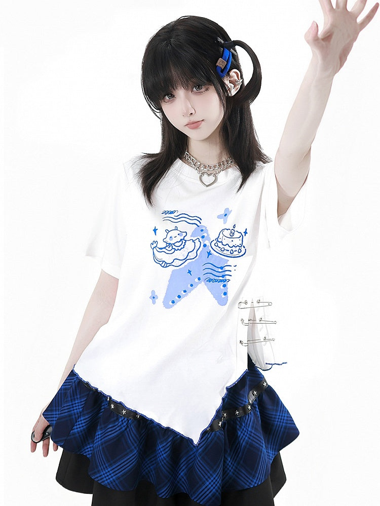 Blue Jellyfish Print Pin Details Slit Hem Asymmetrical Lettuce Hem White T-shirt
