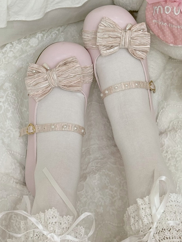 Strawberry Pink Beaded Decorated Bow at Top Heart Buckle Round Toe Lolita Shoes